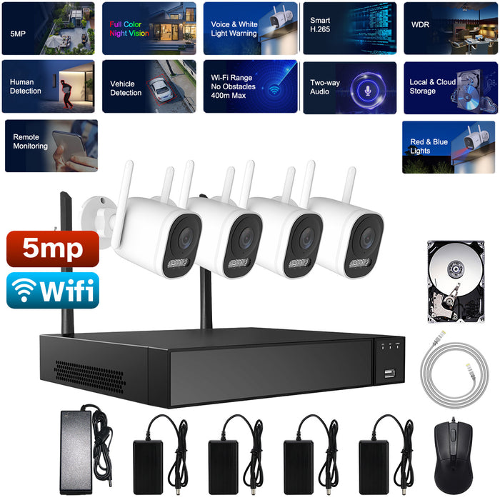 AI EXTRA 5MP Trådlöst Övervaknings kit 4Kameror med 2vägs Audio 1TB HD