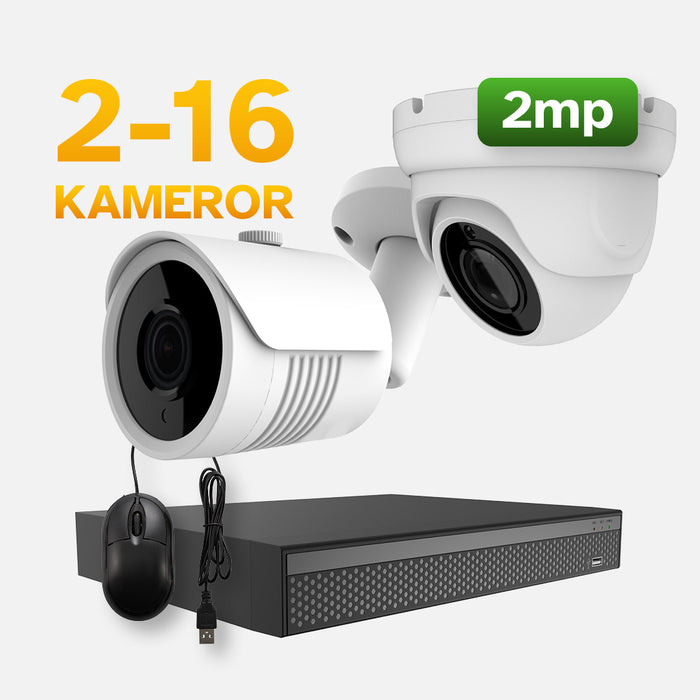 Övervaknings system POE 2 MP, 1-16 dome & bullet kameror, 1-2 switchar